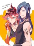  2boys bare_shoulders blue_hair choker collar gueira hair_over_one_eye hinoe_(right-hnxx03) long_hair male_focus meis_(promare) multiple_boys promare red_eyes red_hair shoulder_tattoo tank_top tattoo 