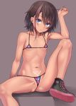  1girl absurdres bangs bare_shoulders bikini black_footwear blue_bikini blue_eyes blush breasts brown_hair collarbone grey_background hair_between_eyes hair_ornament hairclip heart heart_tattoo highres knee_up looking_at_viewer micro_bikini navel open_mouth original orochi_itto plaid plaid_bikini red_bikini shoes short_hair simple_background sitting solo stomach_tattoo swimsuit tattoo thighs two-tone_bikini 