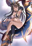  1girl arm_up armlet asymmetrical_legwear asymmetrical_sleeves bare_shoulders black_hair black_ribbon commentary commentary_request crossed_legs crown detached_sleeves earrings elbow_gloves fate/grand_order fate_(series) gloves hair_ornament hair_ribbon harimoji heavenly_boat_maanna highres hoop_earrings ishtar_(fate)_(all) ishtar_(fate/grand_order) jewelry legs long_hair long_legs looking_at_viewer neck_ring open_mouth red_eyes ribbon single_detached_sleeve single_elbow_glove single_thighhigh thighhighs toeless_legwear twintails two_side_up 