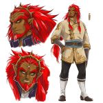  1boy alternate_hairstyle artist_request beard belt black_nails circlet dark_skin earrings facial_hair ganondorf gerudo gold_trim hand_on_hip highres jewelry pointy_ears red_hair scowl sideburns the_legend_of_zelda the_legend_of_zelda:_breath_of_the_wild tunic yellow_eyes 