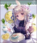  1girl animal animal_ears apron bangs bird black_dress blue_ribbon blush braid breasts brown_hair bunny_ears closed_mouth commentary_request cup dress english_text eyebrows_visible_through_hair flower food fruit hair_flower hair_ornament hair_over_shoulder head_tilt holding holding_tray juliet_sleeves lemon lemon_slice long_hair long_sleeves looking_at_viewer maid medium_breasts original puffy_sleeves puracotte purple_ribbon ribbon ribbon_braid saucer signature smile solo tea teacup teapot tray twin_braids white_apron white_flower 