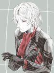  1boy antonio_salieri_(fate/grand_order) ascot black_gloves fate/grand_order fate_(series) formal gloves hinoe_(right-hnxx03) jewelry male_focus pinstripe_suit red_eyes ring solo striped suit twitter_username upper_body 