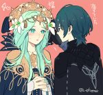  1boy 1girl black_gloves blue_eyes blue_hair byleth_(fire_emblem) byleth_(fire_emblem)_(male) crown fire_emblem fire_emblem:_three_houses flower gloves green_eyes green_hair guttary hair_flower hair_ornament long_hair parted_lips pink_background rhea_(fire_emblem) short_hair simple_background tiara twitter_username upper_body 