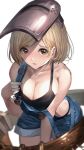  1girl bangs bare_arms bare_shoulders black_bra black_panties blonde_hair blurry blush bra breasts brown_eyes cleavage collarbone commentary_request cowboy_shot depth_of_field djeeta_(granblue_fantasy) eyebrows_visible_through_hair granblue_fantasy highres ikusaneko large_breasts leaning_forward looking_at_viewer mask mask_on_head mechanic_(granblue_fantasy) overalls overalls_pull panties parted_lips short_hair simple_background smile solo swept_bangs underwear undressing welding_mask white_background 