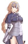  1girl armor armored_dress bangs blonde_hair blue_eyes blush braid breasts commentary_request elfenlied22 eyebrows_visible_through_hair fate/apocrypha fate/grand_order fate_(series) gauntlets headpiece highres jeanne_d&#039;arc_(fate) jeanne_d&#039;arc_(fate)_(all) large_breasts long_hair looking_at_viewer simple_background single_braid smile solo very_long_hair white_background 