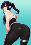  1girl ass bangs bare_shoulders black_hair black_pants blue_background blush breasts brown_eyes commentary_request eyebrows_visible_through_hair from_behind highres kagematsuri lips long_hair looking_at_viewer looking_back medium_breasts open_mouth original pants pantylines ponytail shiny shiny_clothes shiny_hair shiny_skin sidelocks sleeveless solo spandex tied_hair towel towel_around_neck watch wristwatch 