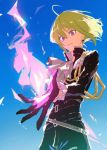  1boy belt black_gloves black_jacket cravat fire gloves green_hair half_gloves highres jacket jewelry ligton1225 lio_fotia looking_at_viewer male_focus promare purple_eyes purple_fire pyrokinesis short_hair smile solo 