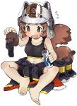  1girl arknights barefoot bike_shorts boots_removed bottle brown_eyes brown_hair chinese_commentary commentary_request feet fire_axe helmet holding licking menla midriff navel shaw_(arknights) sitting socks_removed soles sports_bra squirrel squirrel_tail sweat tail water_bottle white_background 