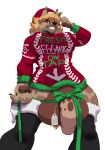 2018 absurd_res anthro balls biped boon_digges bottomless bow christmas clothed clothing flaccid genitals gynomorph hair hair_over_eye hat headgear headwear hi_res holidays humanoid_penis hyaenid intersex legwear looking_at_viewer low-angle_view mammal one_eye_obstructed partial_nudity penis ribbons santa_hat simple_background solo spotted_hyena stockings sweater topwear uncut vicioustyrant white_background yellow_eyes 