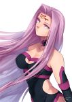  1girl breasts cleavage cleavage_cutout facial_mark fate/grand_order fate_(series) forehead_mark large_breasts leotard long_hair nishiyama_(whatsoy) purple_eyes purple_hair rider side_cutout solo very_long_hair 