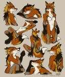  2018 5_fingers anthro arm_tuft black_body black_fur black_nose breasts brown_body brown_fur canid canine casual_nudity chest_tuft claws colored_sketch cute_fangs digital_media_(artwork) elbow_tufts eyes_closed facial_tuft featureless_breasts female finger_claws fingers fox fur hair hand_behind_back hand_on_head hi_res looking_at_viewer looking_away looking_back lukiri lying mammal medium_breasts multicolored_body multicolored_fur multiple_poses nude on_back open_mouth orange_body orange_fur pose side_boob simple_background sitting sketch sketch_page smile solo standing teeth text tuft url watermark white_body white_fur yellow_body yellow_eyes yellow_fur 