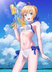  1girl ahoge aqua_eyes artoria_pendragon_(all) artoria_pendragon_(swimsuit_archer) beach bikini blonde_hair braid braided_bun fate/stay_night fate_(series) green_eyes highres makimura_(miwmiw-cage) saber side-tie_bikini sky smile solo super_soaker swimsuit water_gun 