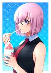  1girl bare_shoulders eating fate/grand_order fate_(series) glasses hair_over_one_eye kooribata lavender_hair mash_kyrielight necktie nishiyama_(whatsoy) purple_eyes purple_hair shaved_ice short_hair solo 