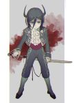  1boy black_hair blood bloody_weapon blue_eyes child cropped_jacket hinoe_(right-hnxx03) horns juuni_taisen kashii_eiji matador multicolored_hair red_hair sheath short_hair solo standing sword two-tone_hair weapon younger 