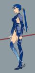  1girl blue_hair boots cu_chulainn_(fate)_(all) fate/stay_night fate_(series) full_body gae_bolg genderswap genderswap_(mtf) grey_background holding holding_spear holding_weapon lancer lancer-tan leotard long_hair nishiyama_(whatsoy) older pauldrons polearm ponytail profile solo spear standing thigh_boots thighhighs weapon 