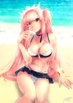  1girl beach bikini breasts fate/grand_order fate_(series) hand_on_own_face highres looking_at_viewer medb_(fate)_(all) medb_(swimsuit_saber)_(fate) nishiyama_(whatsoy) pink_hair sitting smile solo swimsuit tiara twintails white_bikini yellow_eyes 