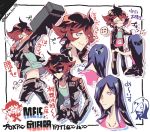  blue_hair chibi eyelashes gueira hair_over_one_eye hinoe_(right-hnxx03) hitting jacket leather leather_jacket male_focus meis_(promare) midriff promare red_eyes red_hair shaded_face sideburns translation_request 