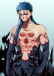  1boy bare_chest blue_hair bodysuit chest_tattoo closed_eyes cu_chulainn_(fate)_(all) cu_chulainn_alter_(fate/grand_order) earrings elbow_gloves facial_mark fate/grand_order fate_(series) gloves jewelry long_hair male_focus nishiyama_(whatsoy) shoulder_tattoo solo tail tattoo 