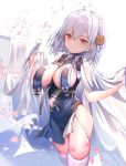  1girl azur_lane black_dress braid breast_curtains breasts cleavage covered_navel cowboy_shot dress french_braid gloves hair_ornament half_gloves highres large_breasts looking_at_viewer no_bra pelvic_curtain petals red_eyes rk_(rktorinegi) short_hair silver_hair sirius_(azur_lane) sirius_(midsummer_seirios)_(azur_lane) sleeveless sleeveless_dress solo thighhighs thighs white_gloves white_legwear 