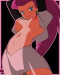  amada areolae arms_up bad_id bad_pixiv_id big_hair blue_eyes breasts earrings from_below hair_slicked_back jewelry large_breasts long_hair looking_down musashi_(pokemon) nipples open_clothes open_shirt pink_hair pokemon pokemon_(anime) shirt skirt solo team_rocket underboob 