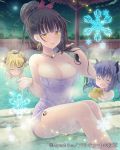  3girls :d blonde_hair blue_hair bracelet breasts brown_hair cleavage closed_eyes collarbone demon_wings earrings falkyrie_no_monshou fang hair_ribbon horns jewelry large_breasts long_hair looking_at_viewer multiple_girls naked_towel necklace night onsen open_mouth outdoors purple_towel red_ribbon ribbon sidelocks sky smile solo_focus soukuu_kizuna star_(sky) starry_sky towel very_long_hair wings yellow_eyes 