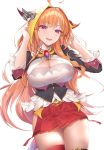  1girl ahoge breasts cleavage cleavage_cutout eyebrows_visible_through_hair fang highres hololive horn_ornament horns kiryuu_coco large_breasts long_hair looking_at_viewer open_mouth orange_hair solo virtual_youtuber white_background yaman 
