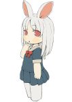  animal_ears blue_shirt blue_skirt blush_stickers bow bowtie bunny_ears ebimomo eyebrows_visible_through_hair full_body grey_hair grey_legwear grey_sailor_collar hand_up long_hair looking_at_viewer original pantyhose parted_lips pleated_skirt red_eyes red_neckwear sailor_collar school_uniform serafuku shirt short_sleeves simple_background skirt white_background 