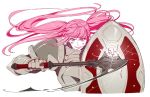  1girl armor banging fire_emblem fire_emblem:_three_houses hilda_valentine_goneril mace pauldrons pink_eyes pink_hair shield twintails weapon white_background 
