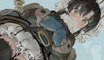  1girl belt black_hair black_legwear blue_background bright_pupils coat dutch_angle ebimomo eyebrows_visible_through_hair from_below long_sleeves looking_at_viewer looking_down mittens original pouch ribbed_gloves solo thighhighs 