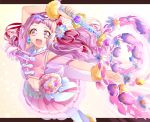  1girl :d crop_top cure_yell detached_sleeves earrings floating_hair hair_ornament hair_ribbon heart heart_hair_ornament highres holding holding_staff hugtto!_precure jewelry long_hair looking_at_viewer midriff miniskirt navel nono_hana open_mouth outstretched_arm pink_eyes pink_hair pink_skirt pink_sleeves pleated_skirt precure red_ribbon ribbon shiny shiny_hair short_sleeves simple_background skirt smile solo staff stomach very_long_hair white_background white_legwear yuutarou_(fukiiincho) 