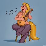  1:1 blonde_hair blush breasts dotoro_(artist) equid equine female hair hooves horse humanoid lute mammal musical_instrument nipples plucked_string_instrument pony string_instrument ukulele 