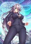  1girl adsouto antenna_hair aqua_eyes blue_eyes breasts business_suit formal hair_ribbon high_school_dxd highres large_breasts long_hair looking_at_viewer pant_suit pants ribbon rossweisse silver_hair smile suit thighhighs very_long_hair 