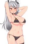  1girl armpits arms_behind_head azur_lane bikini black_bikini black_ribbon breasts flag_print german_flag_bikini grey_hair hair_ribbon highres large_breasts long_hair looking_at_viewer mole mole_on_breast navel orange_eyes prinz_eugen_(azur_lane) prinz_eugen_(unfading_smile)_(azur_lane) ribbon side-tie_bikini simple_background solo swimsuit white_background zack_(haiuinndo) 