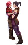  2girls arcane:_league_of_legends black_hair blush boots breasts caitlyn_(league_of_legends) eye_contact height_difference highres lauren_phillips_lifting_alice_merchesi league_of_legends lifting_person looking_at_another meme multiple_girls owl_spark pink_hair ponytail short_hair vi_(league_of_legends) yuri 
