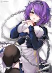  1girl apron artist_name azur_lane bangs blush breasts chain cleavage dress gloucester_(azur_lane) gloves hairband highres large_breasts long_sleeves looking_at_viewer maid on_bed open_mouth pantyhose puffy_sleeves purple_hair short_hair solo thighband_pantyhose twitter_username xretakex yellow_eyes 