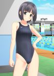  1girl absurdres black_eyes black_hair black_swimsuit blue_sky blurry cloud commentary_request competition_swimsuit contrapposto cowboy_shot day depth_of_field highres logo looking_at_viewer mizuno one-piece_swimsuit original outdoors pool short_hair sky smile solo string_of_flags striped striped_swimsuit swimsuit takafumi 