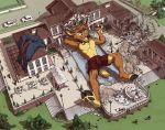  2019 anthro antlers bell bell_collar beverage bird&#039;s-eye_view bottomwear brown_body brown_fur building canid canine canis car cervid chair classy clothed clothing collar day destruction detailed_background fountain fox fur furniture green_eyes grin group hat headgear headwear hi_res hiding high-angle_view holding_object horn jeans large_group lying macro mammal mansion on_back outside pants party road running smile smug street_lamp swimming_pool swimming_trunks swimwear table tent tirrel tirrel_(character) top_hat topless tree vehicle wall_(disambiguation) wolf 