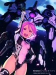  1girl :d black_gloves bodysuit breasts copyright_request covered_navel dutch_angle gloves hand_on_hip hand_up leotard mecha medium_breasts nagisa_kurousagi navel official_art open_mouth pink_eyes pink_hair pointing pointing_up round_teeth short_hair smile solo space standing teeth thighhighs upper_teeth watermark 