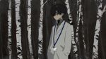 1boy absurdres black_hair closed_mouth forest grey_eyes hands_in_pockets highres hirota_tsuu labcoat long_sleeves male_focus name_tag nature original solo standing tree turtleneck upper_body usuzumi_kei 