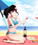  1girl absurdres bangs barefoot bikini blue_bikini blunt_bangs breasts brown_hair butterfly_hair_ornament cleavage closed_mouth cloud cup day drinking_glass erdongjinming eyebrows_visible_through_hair from_side full_body hair_ornament highres holding holding_cup kimetsu_no_yaiba long_hair medium_breasts navel ocean outdoors pink_eyes shiny shiny_hair shiny_skin side_ponytail sideboob sidelocks sitting smile soles solo swimsuit tsuyuri_kanao wariza wine_glass 