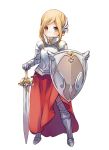  1girl armor blonde_hair boots breastplate closed_mouth full_armor full_body gauntlets gorget holding holding_shield holding_sword holding_weapon kuga_tsukasa looking_at_viewer metal_boots original planted_sword planted_weapon plate_armor shield shoulder_armor simple_background solo spaulders sword waist_cape weapon white_background yellow_eyes 