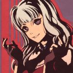  1girl black_gloves fang fang_out fingerless_gloves gloves grin idolmaster idolmaster_(classic) long_hair looking_at_viewer moshimoshibe purple_eyes shijou_takane silver_hair smile solo upper_body 