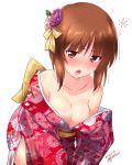  1girl areola_slip areolae artist_name bare_shoulders blush breasts brown_eyes brown_hair cleavage collarbone dated eyebrows_visible_through_hair flower girls_und_panzer hair_flower hair_ornament highres japanese_clothes kimono kuzuryuu_kennosuke large_breasts looking_at_viewer nishizumi_miho open_mouth shiny shiny_hair shiny_skin short_hair simple_background solo tongue white_background yukata 