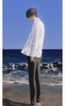  1boy absurdres barefoot beach black_eyes black_hair black_pants blue_sky collared_shirt from_side highres hirota_tsuu horizon long_sleeves looking_at_viewer looking_to_the_side ocean original outdoors pants parted_lips profile sand shirt sky solo standing usuzumi_kei white_shirt wing_collar 