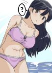  1girl 30-06 ? absurdres beach black_hair breasts brown_eyes highres kantai_collection large_breasts long_hair looking_at_viewer ocean pink_swimsuit solo swimsuit ushio_(kantai_collection) 