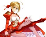  1girl absurdres ahoge bangs blonde_hair braid braided_bun breasts cleavage closed_mouth erdongjinming eyebrows_visible_through_hair fate/extra fate_(series) green_eyes hair_intakes hair_ribbon hand_on_own_knee highres holding holding_sword holding_weapon long_sleeves medium_breasts nero_claudius_(fate) nero_claudius_(fate)_(all) red_ribbon ribbon see-through shiny shiny_hair short_hair shrug_(clothing) simple_background sitting solo sword weapon white_background 