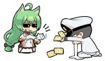  1boy 1girl ahoge akashi_(azur_lane) animal_ears azur_lane card cat cat_ears chibi cigarette commander_(azur_lane) crying dollar_sign green_hair hat holding long_hair military military_uniform naval_uniform peaked_cap phandit_thirathon simple_background sitting sleeves_past_wrists smoking streaming_tears sunglasses tears unconventional_gun uniform wariza white_background wide_sleeves 