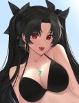 1girl absurdres bangs black_bikini_top black_bow black_hair blue_background bow breasts cleavage collarbone earrings fang fate/grand_order fate_(series) hair_between_eyes hair_bow hair_intakes halterneck highres ishtar_(fate)_(all) ishtar_(fate/grand_order) jewelry long_hair medium_breasts open_mouth red_eyes solo sr33023302 twintails very_long_hair 