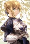  1girl ahoge armor armored_dress artoria_pendragon_(all) bangs blonde_hair breasts fate/stay_night fate_(series) gauntlets green_eyes highres long_hair looking_at_viewer lq_saku saber smile solo 