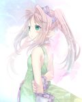  1girl bangs bow dress eyebrows_visible_through_hair floating_hair green_dress green_eyes hair_between_eyes hair_bow hair_intakes long_hair macross macross_7 mylene_jenius pink_hair pointy_ears purple_bow shiny shiny_hair shoulder_blades sleeveless sleeveless_dress solo soukuu_kizuna very_long_hair 